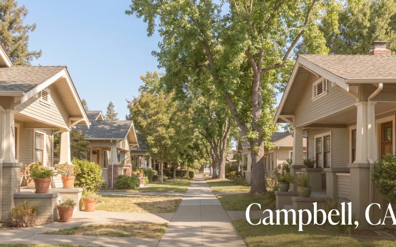 Downtown Campbell California street view with shops and restaurants