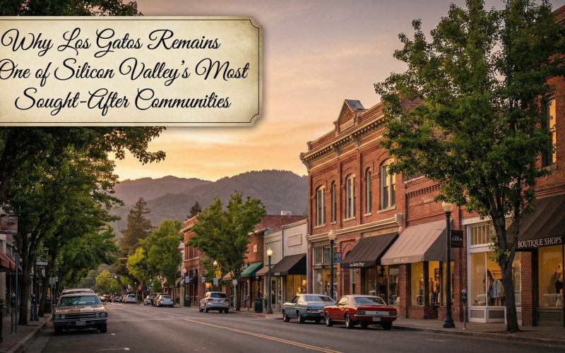 Los Gatos California downtown street with charming shops and homes