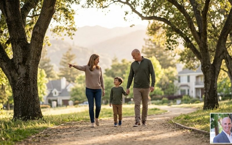 Family of three walking on a dirt path under large trees, with homes and mountains in the background.