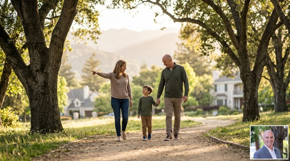 Family of three walking on a dirt path under large trees, with homes and mountains in the background.