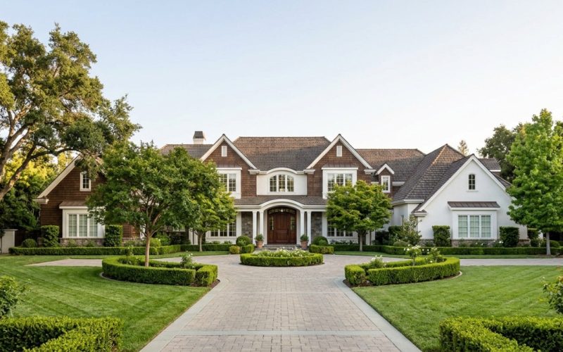Large, elegant house with a circular driveway, lush green lawn, manicured hedges, and mature trees.