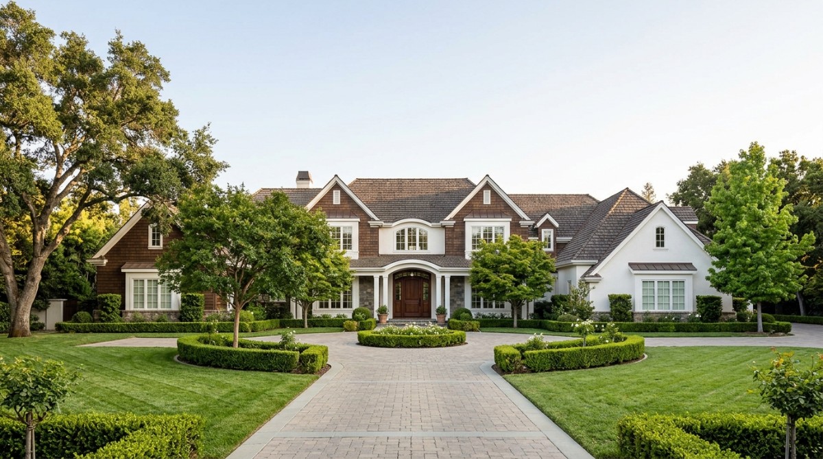 Large, elegant house with a circular driveway, lush green lawn, manicured hedges, and mature trees.