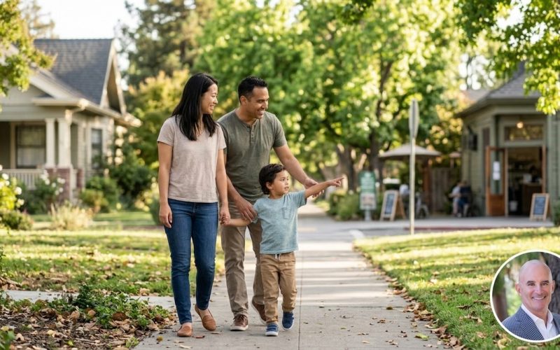 A family of three walks on a tree-lined sidewalk past houses and a cafe, the child pointing.