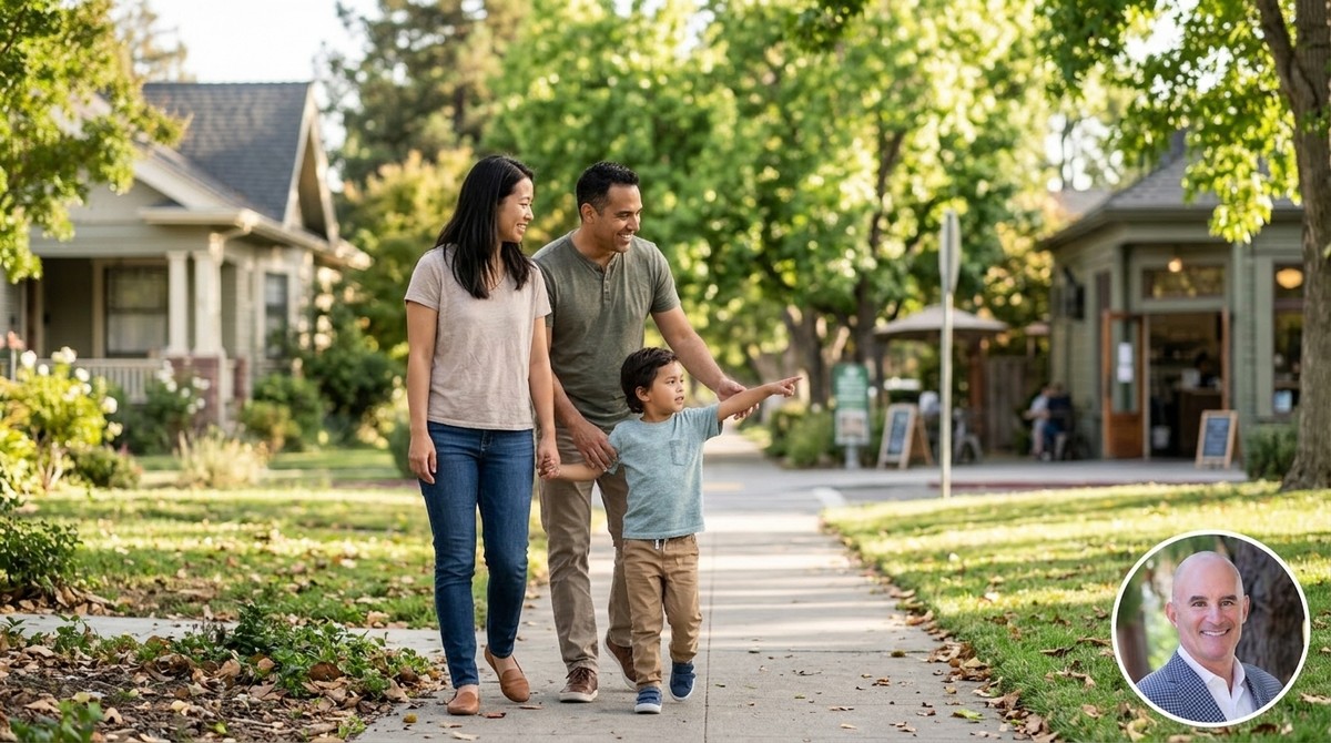 A family of three walks on a tree-lined sidewalk past houses and a cafe, the child pointing.