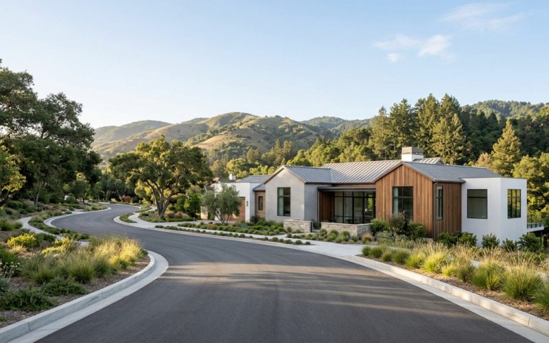 A winding road curves past a modern home with wood and stucco siding, surrounded by lush hills and trees.