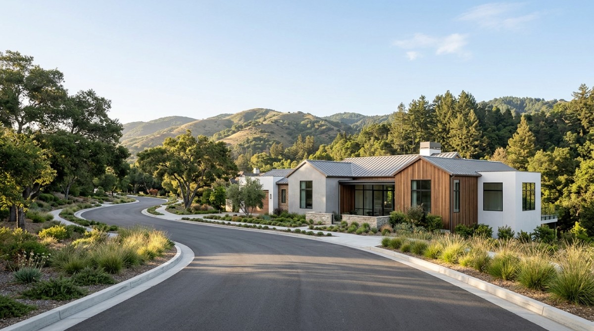 A winding road curves past a modern home with wood and stucco siding, surrounded by lush hills and trees.