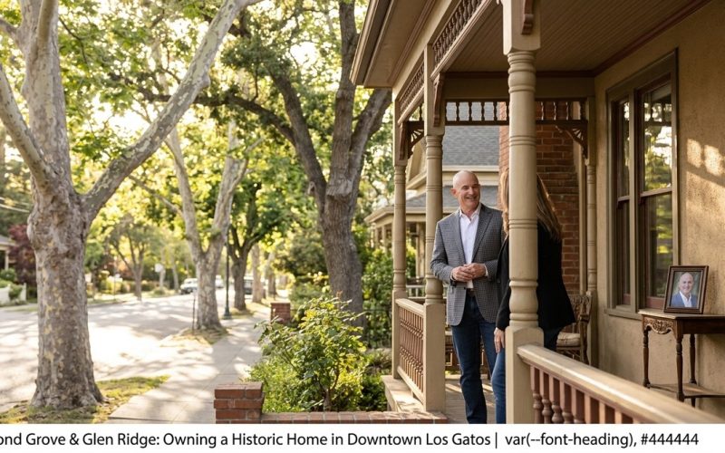 A man and woman chat on the porch of a historic home in downtown Los Gatos, framed by trees.