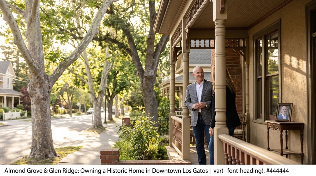 A man and woman chat on the porch of a historic home in downtown Los Gatos, framed by trees.