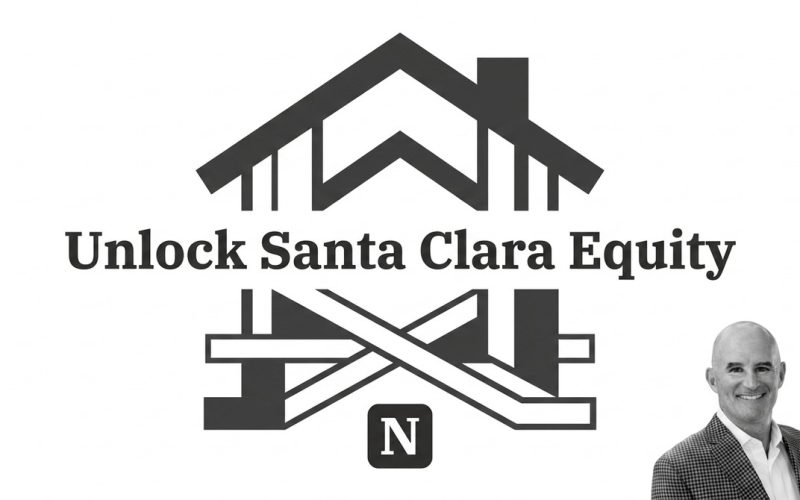 Black and white image with "Unlock Santa Clara Equity" text, a house outline, and a man smiling.