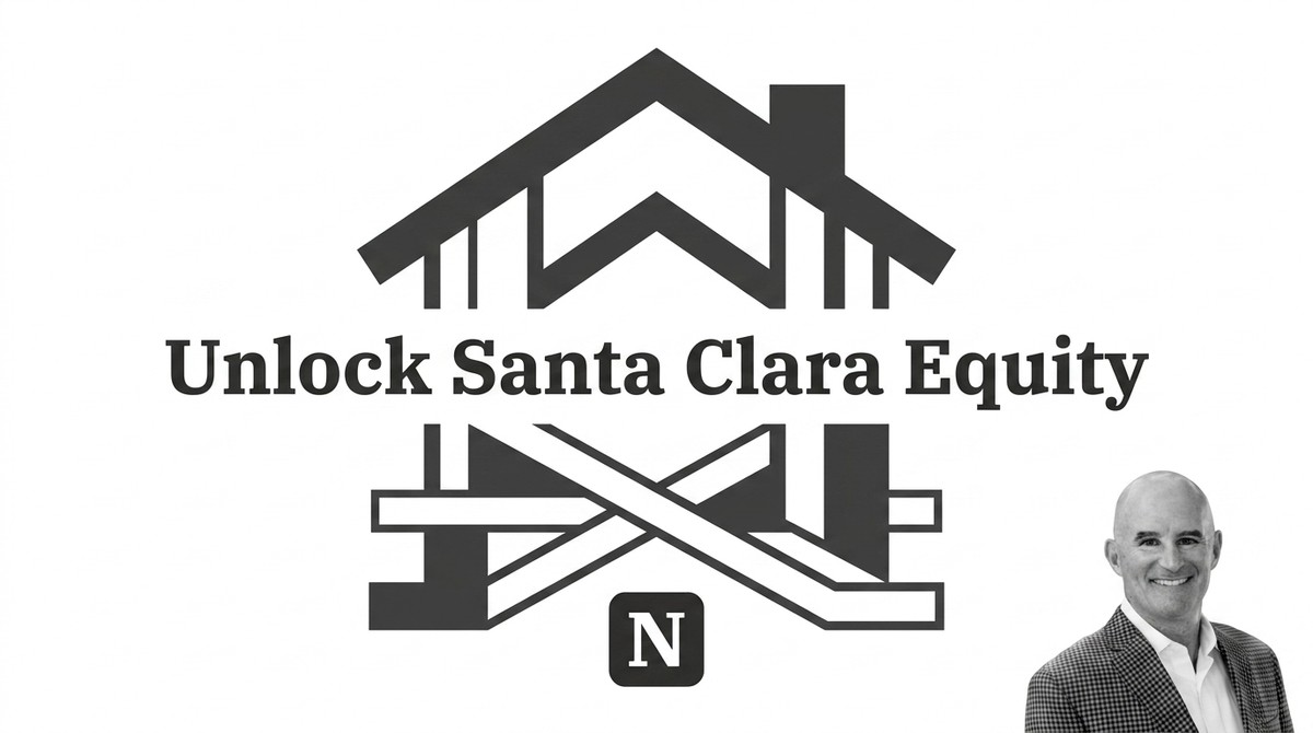 Black and white image with "Unlock Santa Clara Equity" text, a house outline, and a man smiling.