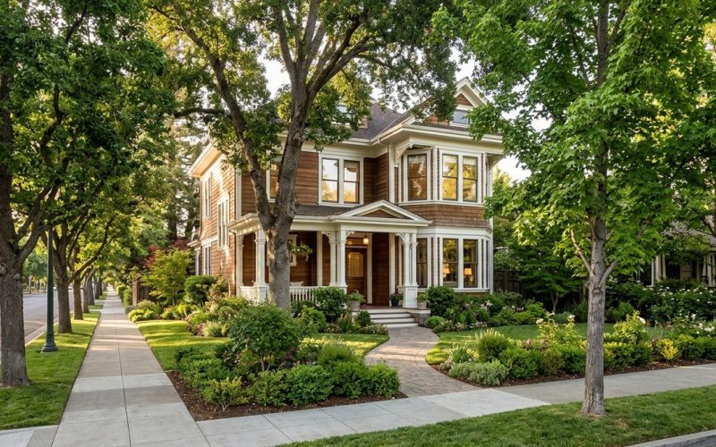 A stately historic Los Gatos home with brown siding, white trim, and a porch, surrounded by lush trees and landscaping.