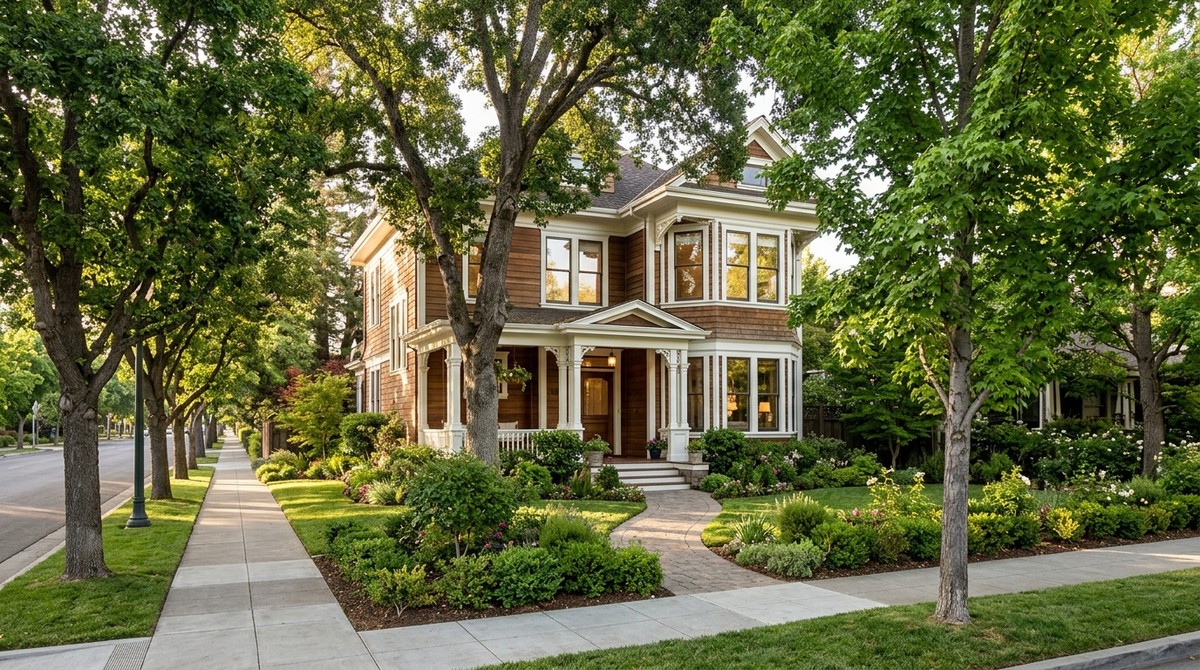 A stately historic Los Gatos home with brown siding, white trim, and a porch, surrounded by lush trees and landscaping.