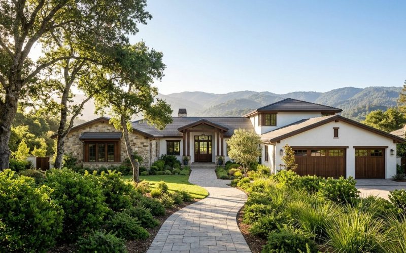 A beautiful stucco and stone home with a winding path, lush landscaping, and distant mountains.
