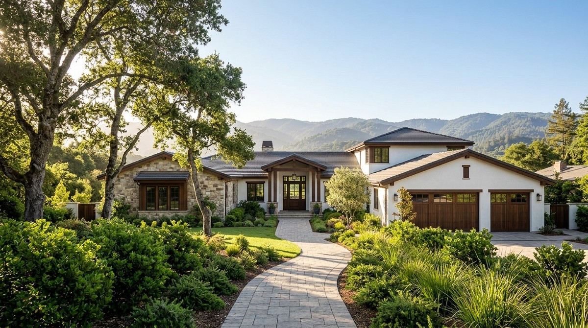 A beautiful stucco and stone home with a winding path, lush landscaping, and distant mountains.
