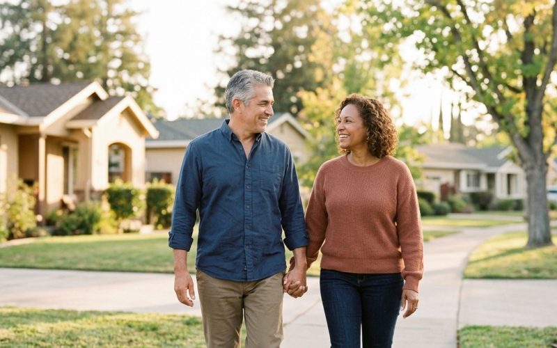 A smiling couple, holding hands, walks down a sunny suburban sidewalk with houses and green trees.