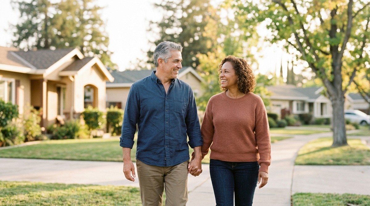 A smiling couple, holding hands, walks down a sunny suburban sidewalk with houses and green trees.