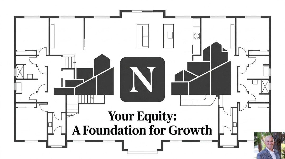Floor plan of a home with "Your Equity: A Foundation for Growth" text and a man smiling.