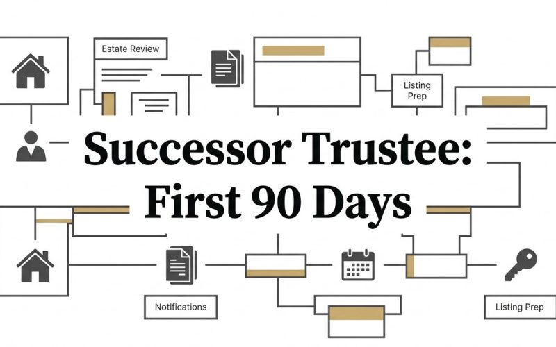 Flowchart showing steps for a successor trustee home sale, including estate review, notifications, and listing prep.