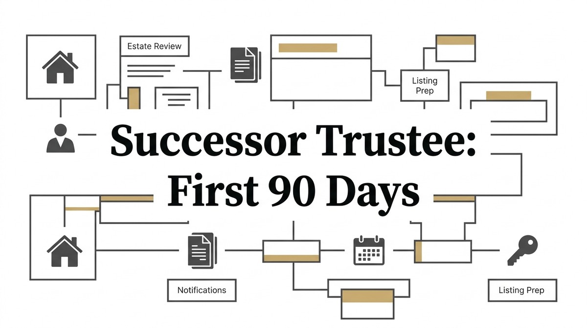 Flowchart showing steps for a successor trustee home sale, including estate review, notifications, and listing prep.