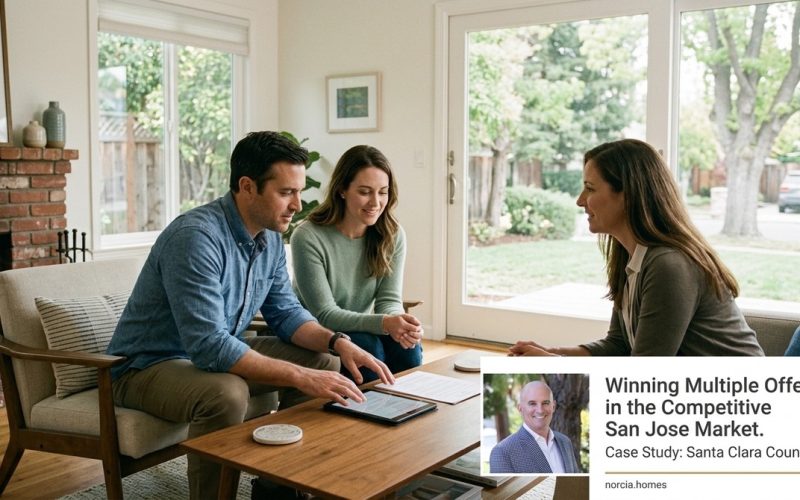 A couple reviews documents on a tablet with a female real estate agent in a living room.
