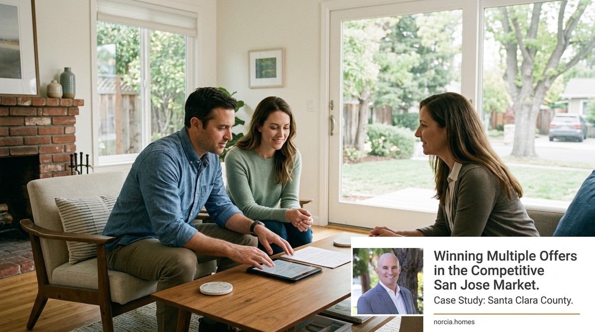 A couple reviews documents on a tablet with a female real estate agent in a living room.