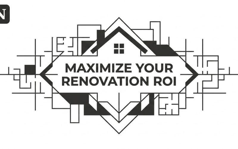 Stylized house icon with text: MAXIMIZE YOUR RENOVATION ROI, surrounded by geometric lines.