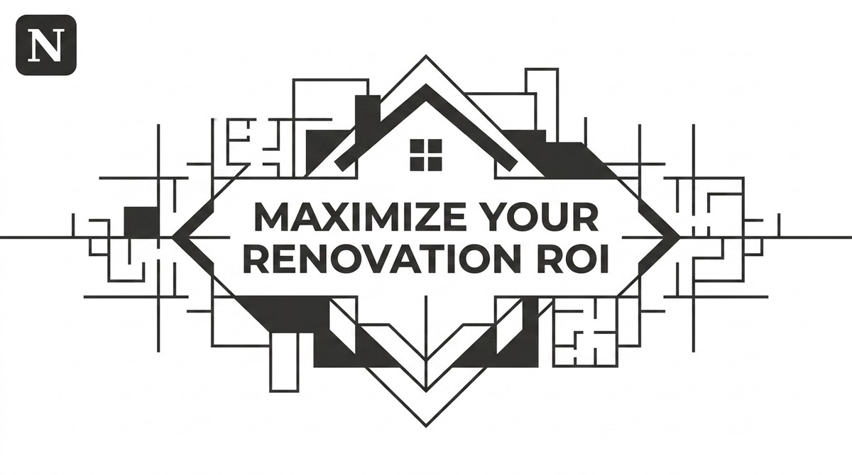 Stylized house icon with text: MAXIMIZE YOUR RENOVATION ROI, surrounded by geometric lines.
