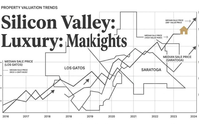 A graph showing Silicon Valley property valuation trends, including Los Gatos luxury real estate median sale prices.
