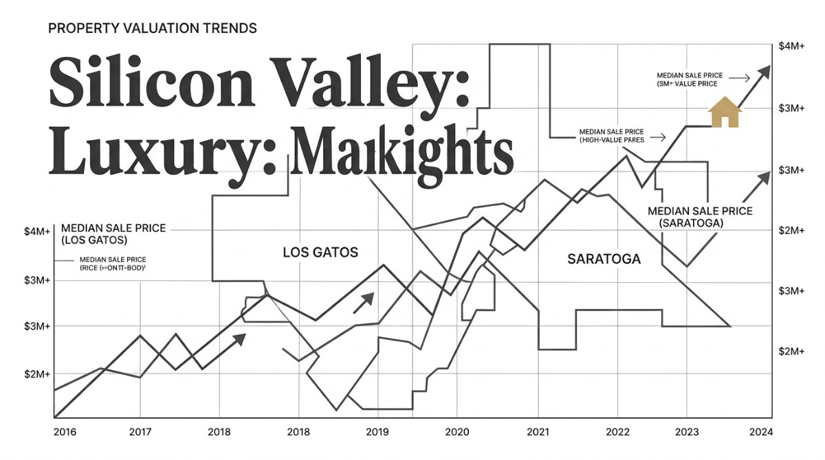 A graph showing Silicon Valley property valuation trends, including Los Gatos luxury real estate median sale prices.
