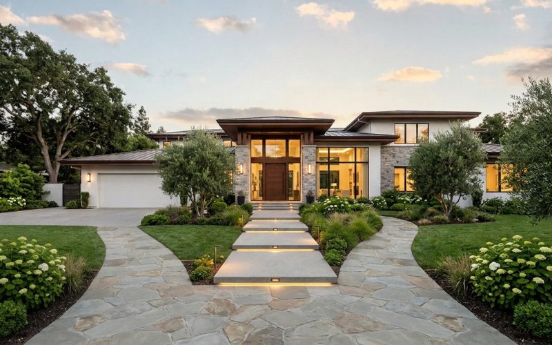 Modern home with a stone and concrete path leading to the front door, surrounded by green lawn and trees.