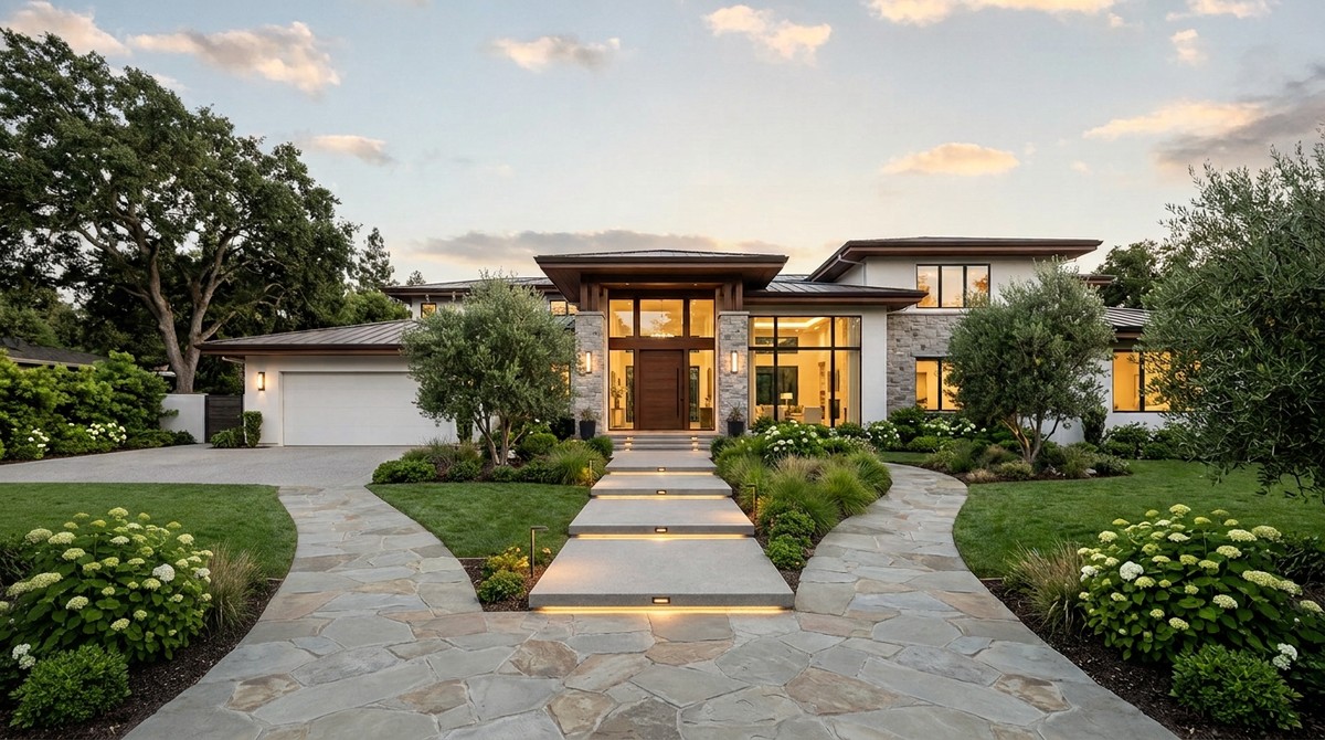 Modern home with a stone and concrete path leading to the front door, surrounded by green lawn and trees.