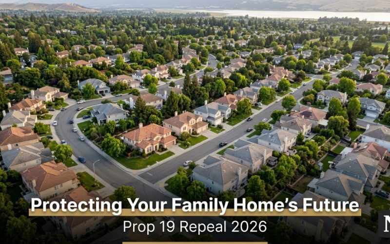 Aerial view of a suburban neighborhood with many houses, green trees, and winding streets.