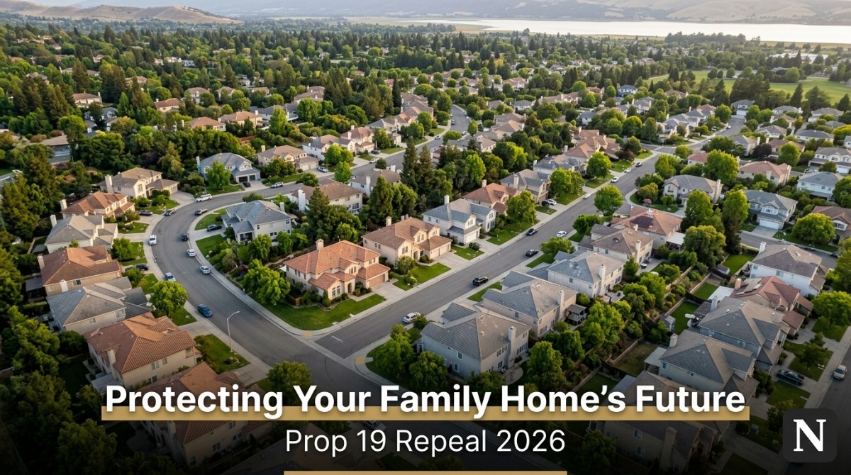 Aerial view of a suburban neighborhood with many houses, green trees, and winding streets.