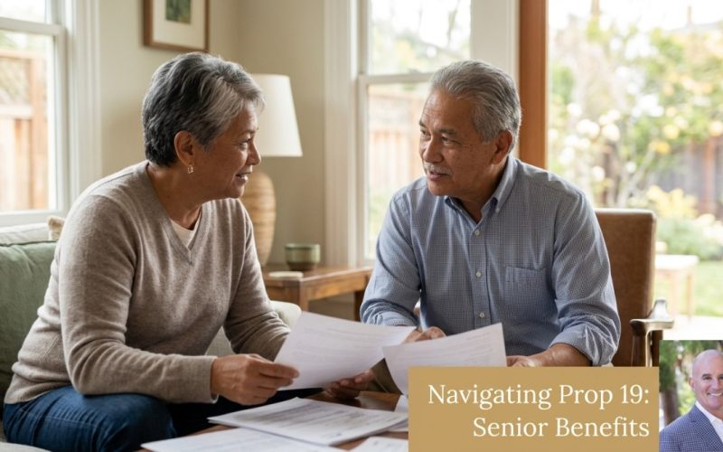 Two seniors, a woman and a man, discuss documents in a bright living room.
