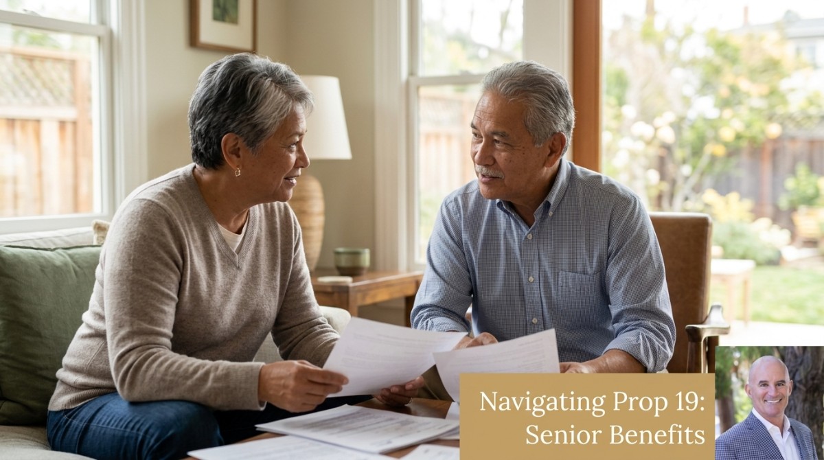 Two seniors, a woman and a man, discuss documents in a bright living room.