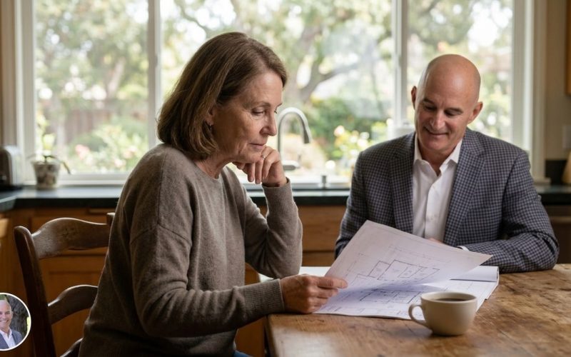 Woman and man reviewing blueprints at a kitchen table, discussing South Bay property renovations.