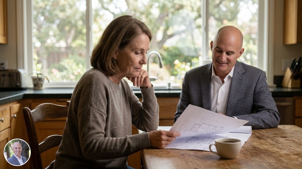 Woman and man reviewing blueprints at a kitchen table, discussing South Bay property renovations.