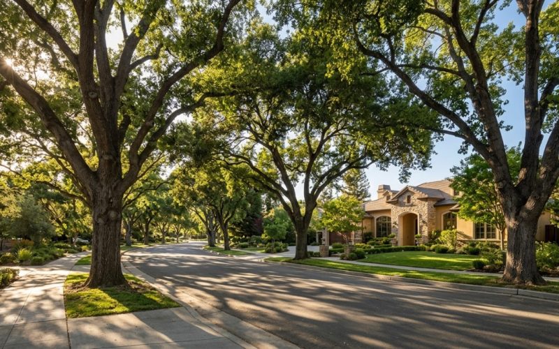 A tree-lined street with large, mature oak trees casting shadows. A luxurious South Bay real estate home is visible.