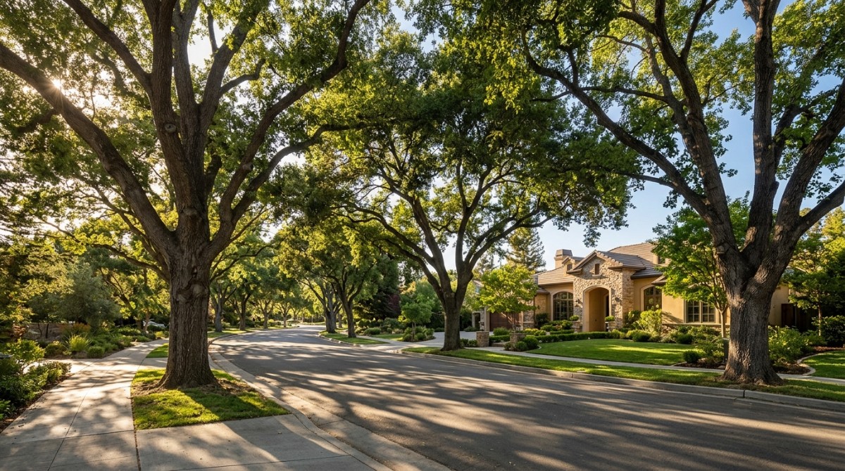 A tree-lined street with large, mature oak trees casting shadows. A luxurious South Bay real estate home is visible.