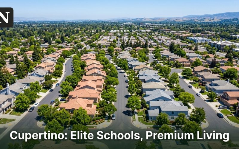 Aerial view of a Cupertino neighborhood guide, showing houses, green trees, and mountains in the distance.