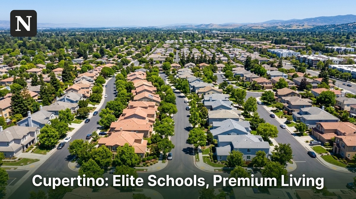 Aerial view of a Cupertino neighborhood guide, showing houses, green trees, and mountains in the distance.