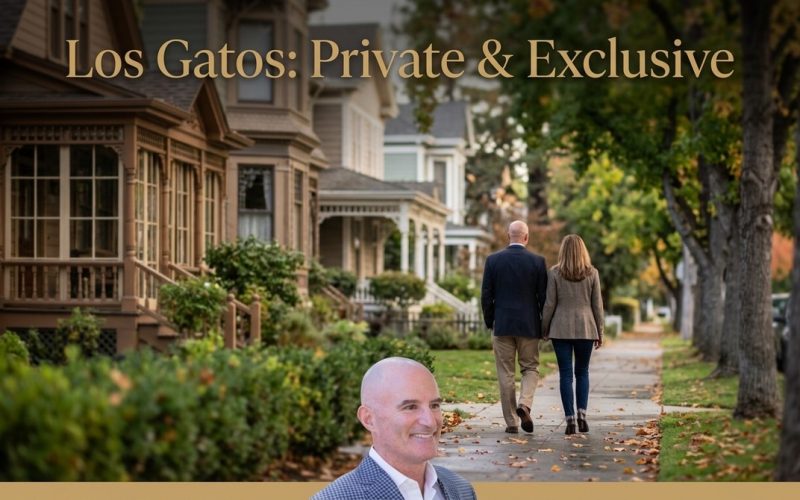 A couple walks down a tree-lined street past historic off market luxury homes, with a man's headshot in the foreground.