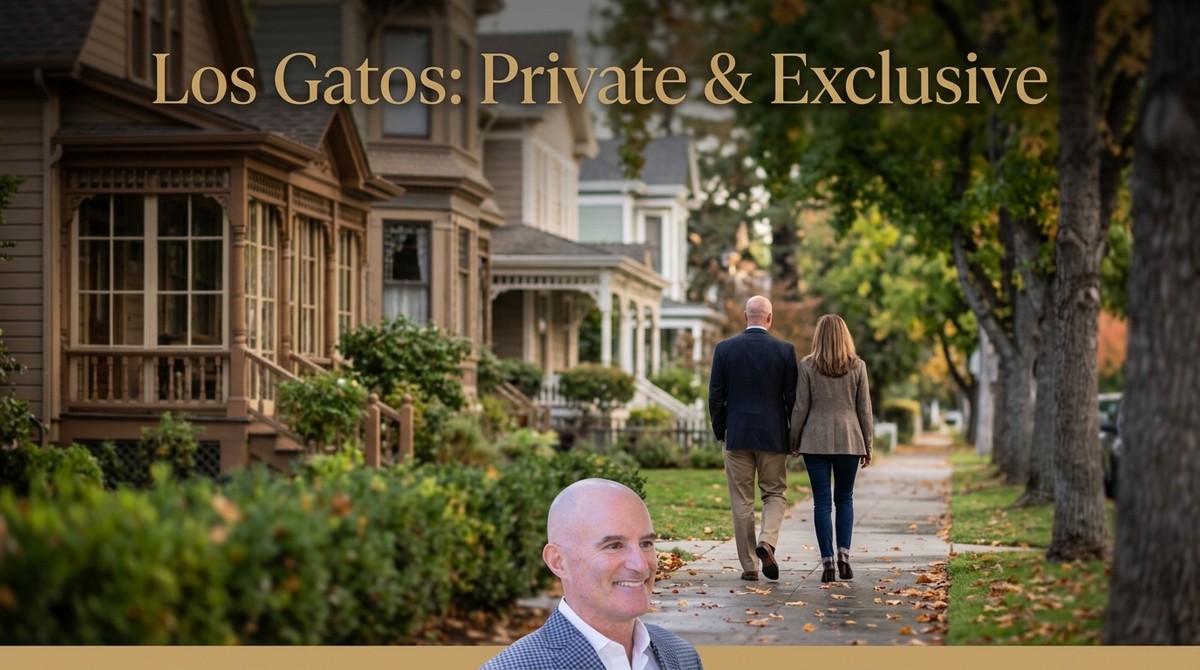 A couple walks down a tree-lined street past historic off market luxury homes, with a man's headshot in the foreground.