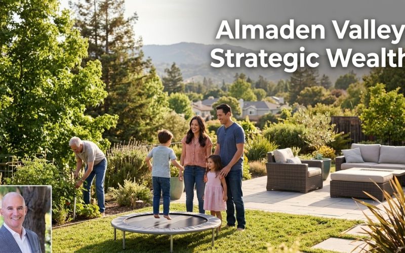 A family in a sunny Almaden Valley backyard: man gardening, parents watching kids on a trampoline.