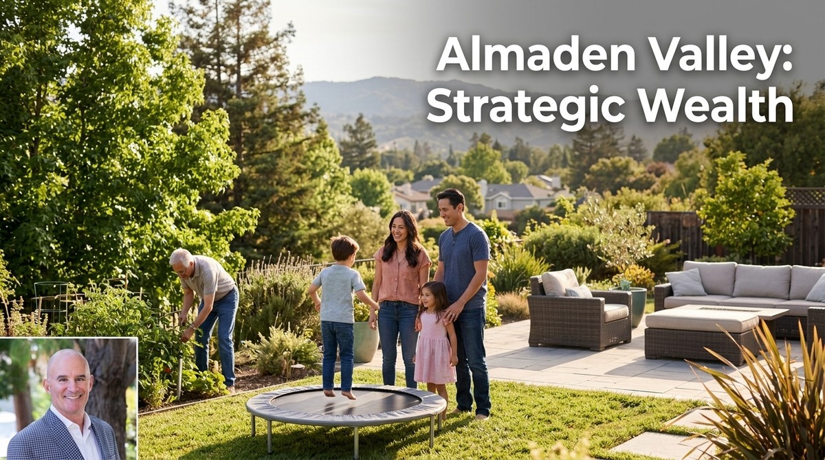 A family in a sunny Almaden Valley backyard: man gardening, parents watching kids on a trampoline.