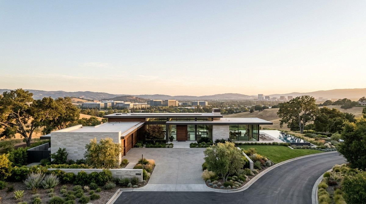 Modern luxury home with an infinity pool overlooking a valley and distant city buildings at sunset.
