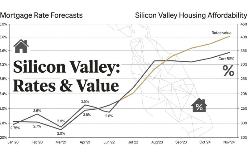 A chart titled "Silicon Valley: Rates & Value" shows mortgage rate forecasts and housing affordability.