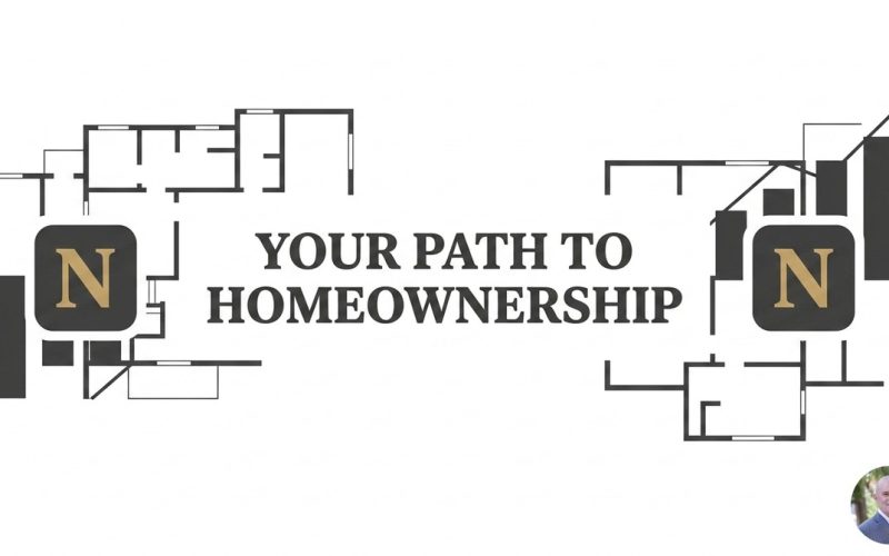 Floor plan outlines on white background with "YOUR PATH TO HOMEOWNERSHIP" and a rising bar graph.