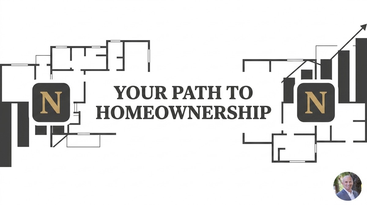 Floor plan outlines on white background with "YOUR PATH TO HOMEOWNERSHIP" and a rising bar graph.