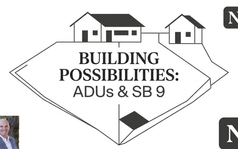 A diagram shows a main house and an ADU on a lot, with text "BUILDING POSSIBILITIES: ADUs & SB 9".